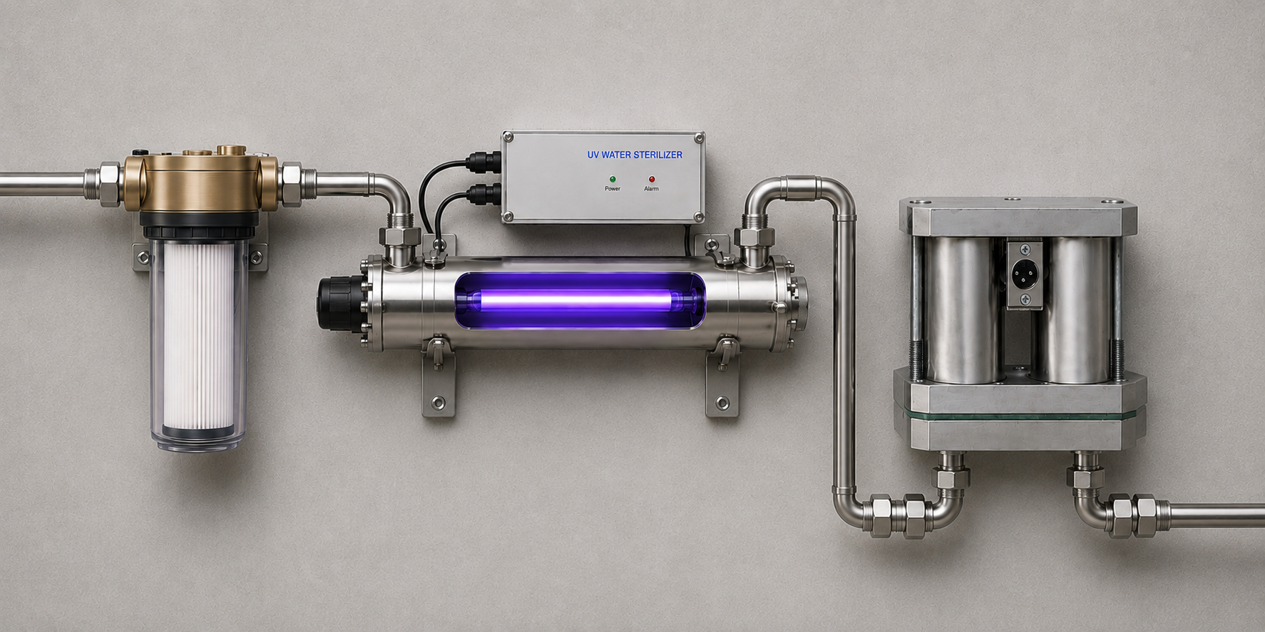 Komplettsystem aus Wasserfilter, UV-Entkeimung und TESL® II, wie es an der Hauptwasserleitung installiert wird