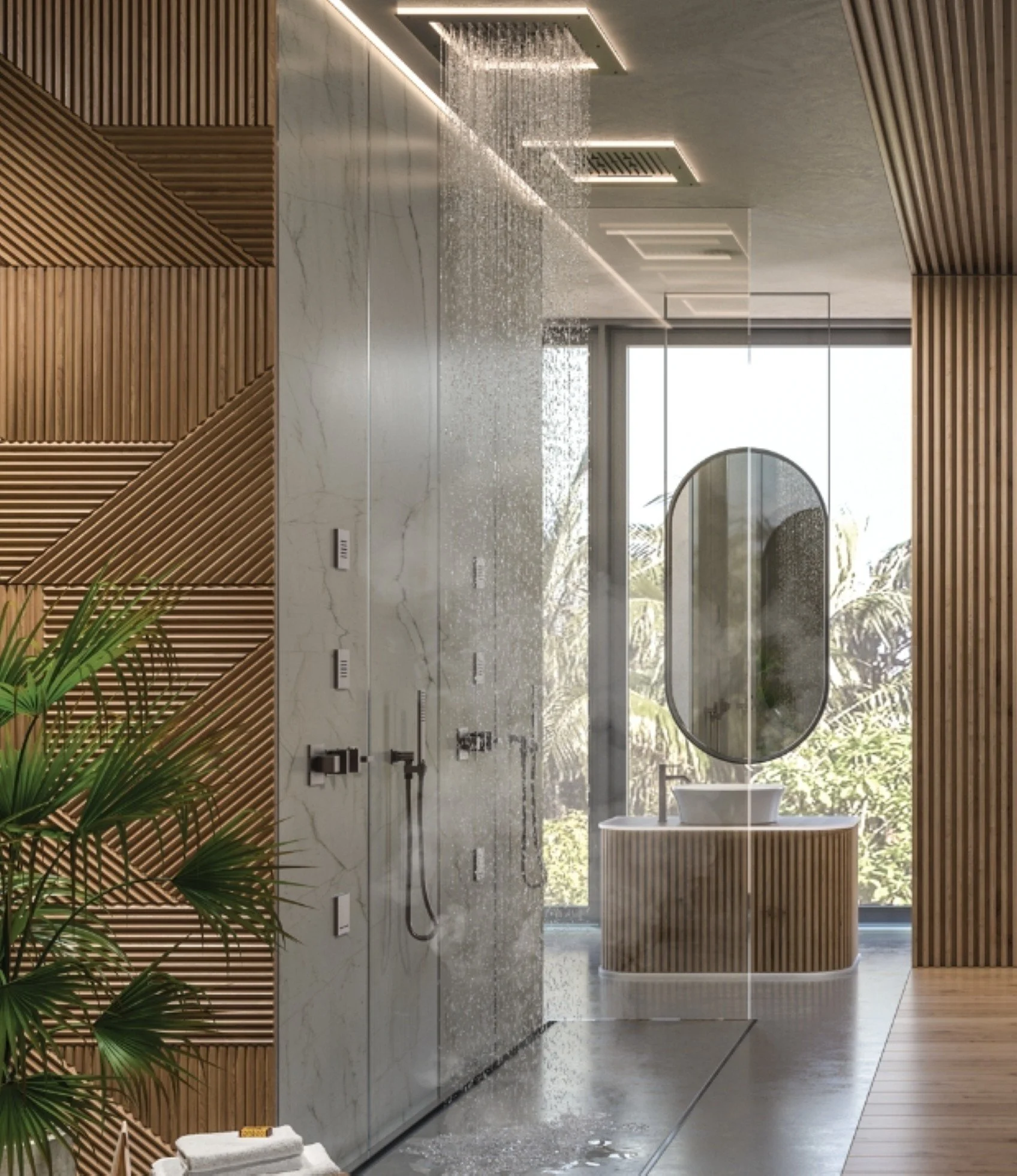 Modernes Wellnessbad mit Regendusche, Marmorwand und Holzelementen
