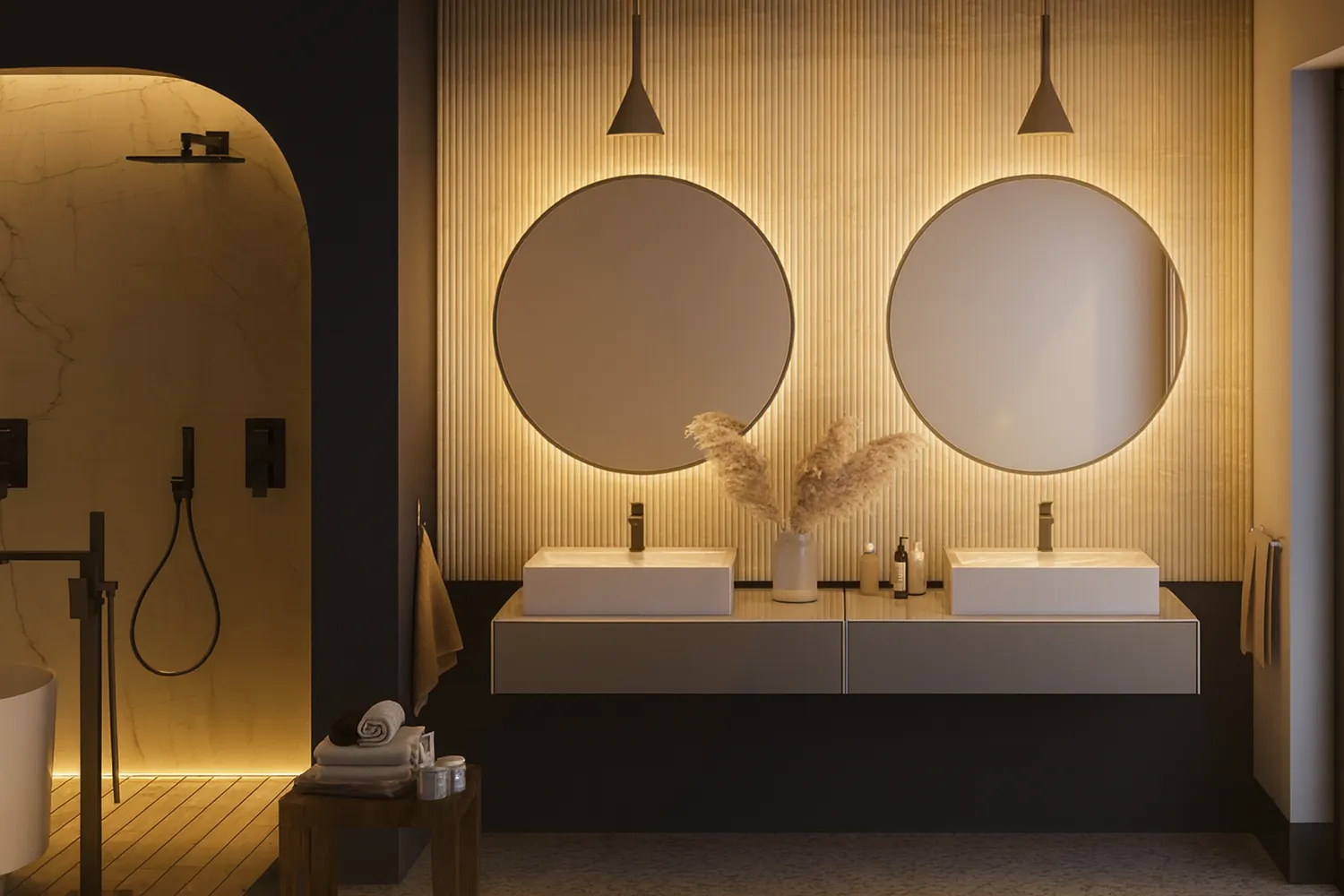 Modernes Wellnessbad mit Walk-In-Dusche und Regenduschkopf