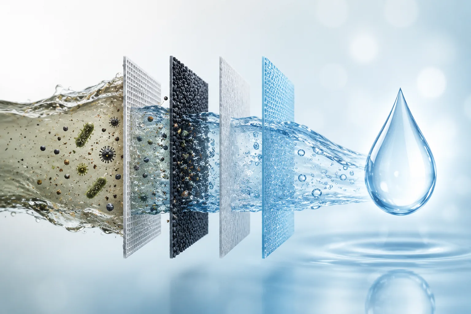 Four-stage water filtration from contaminated water to the pure drop
