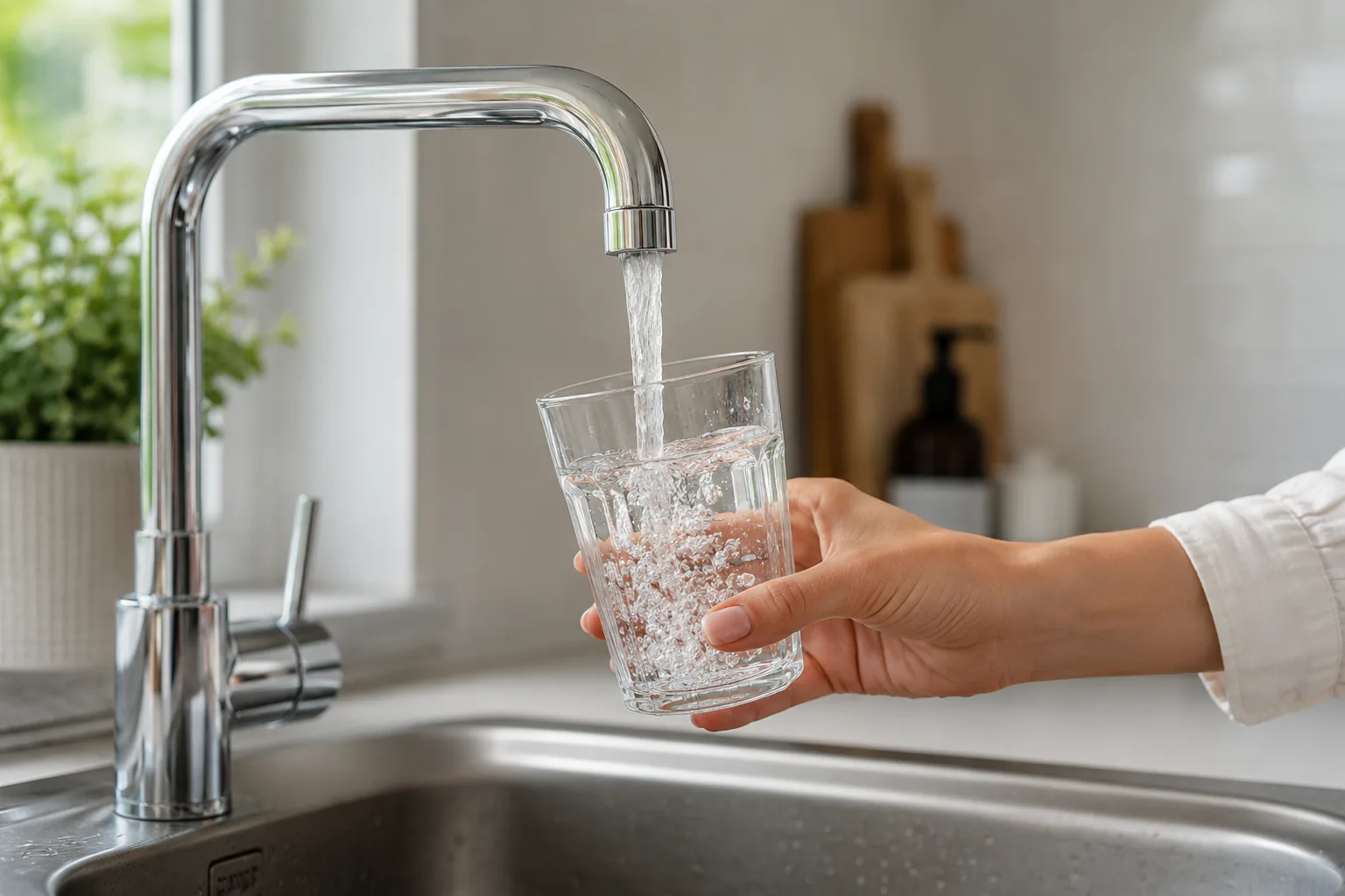 Hand füllt ein Glas mit klarem Trinkwasser am Wasserhahn