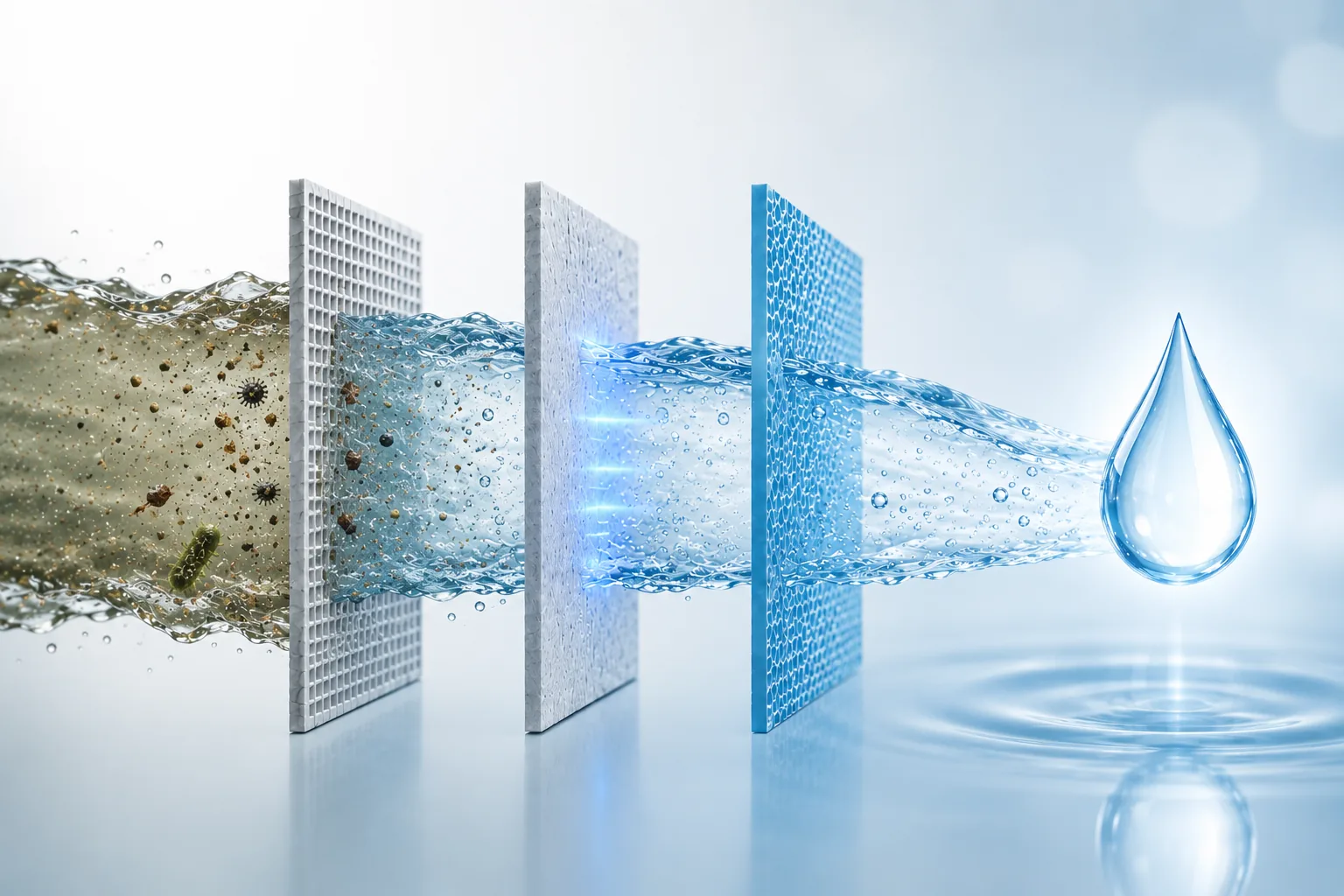 Dreistufige Wasseraufbereitung von belastetem Wasser bis zum reinen Wassertropfen
